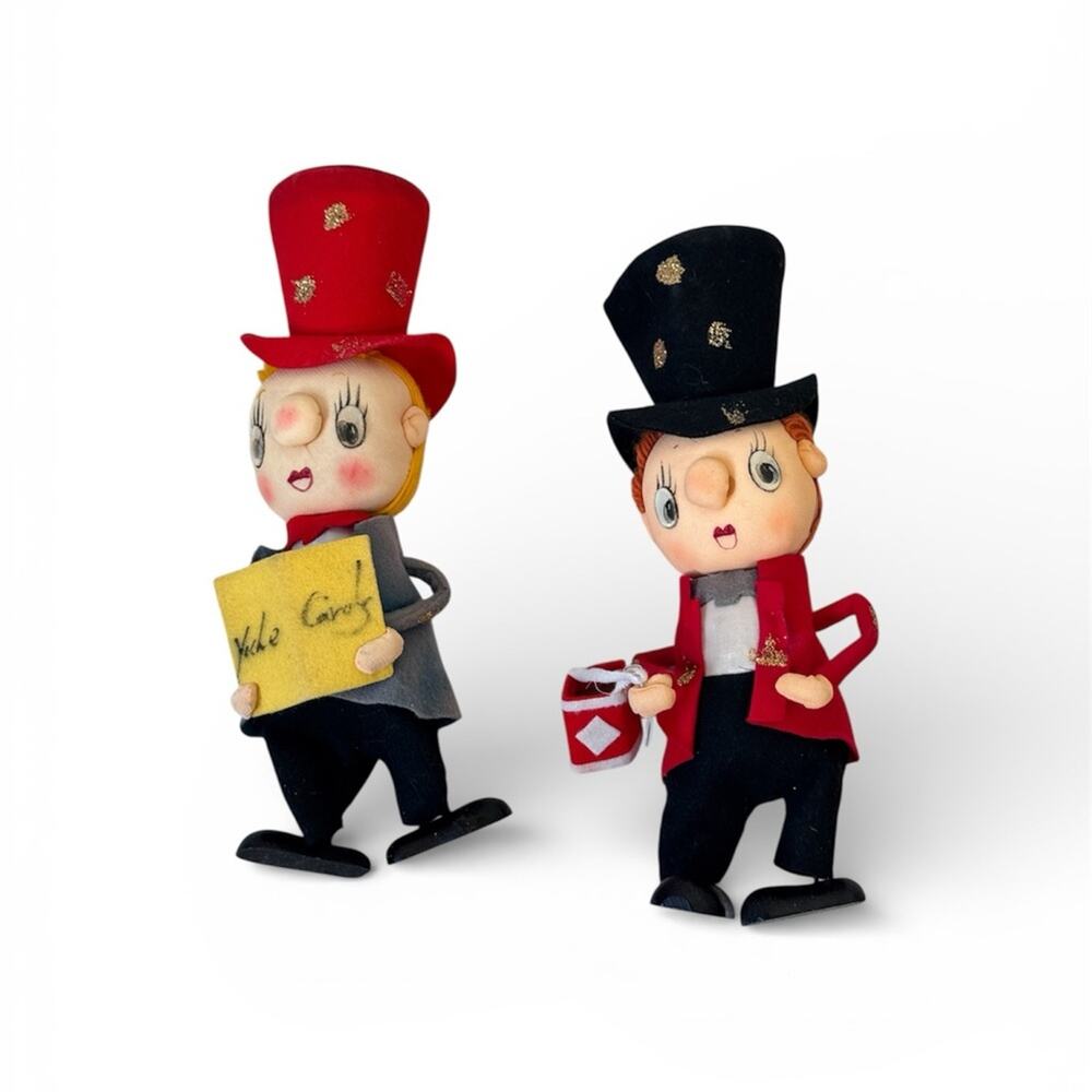 Vintage Felt Christmas Carolers Set of Two 1940s Holiday Decor Japan Doll Noel